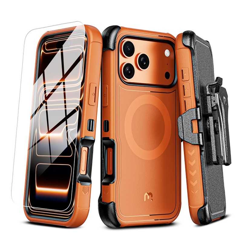 Funda MYBAT Maverick Mag Clip naranja para iPhone 17 Pro Max con mica de cristal y clip giratorio incluida, diseño de uso rudo compatible con MagSafe